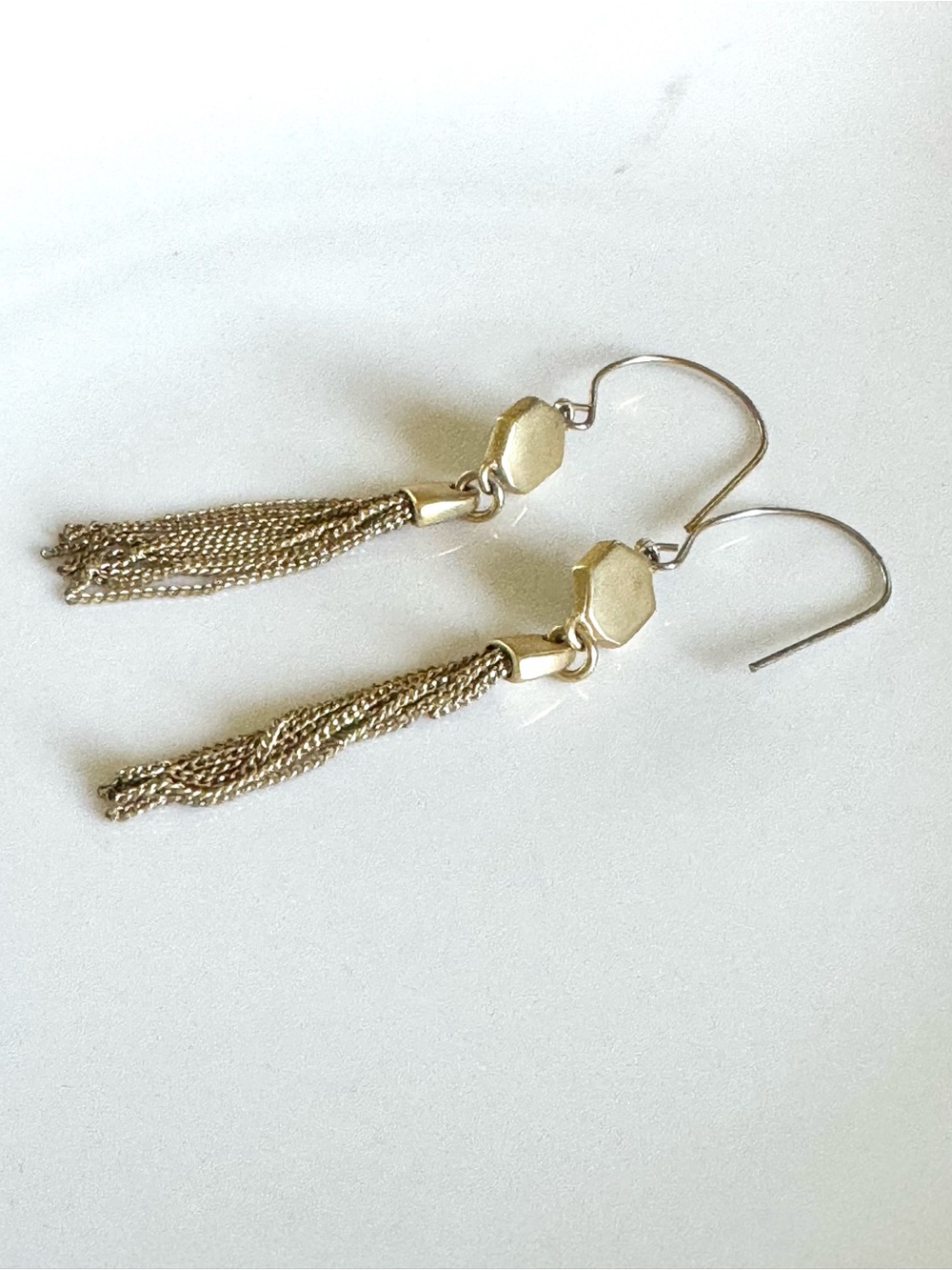 Gold Tassel Drop Earrings Chalcedony with Light Blue Hexagon Accents - Picture 7 of 8